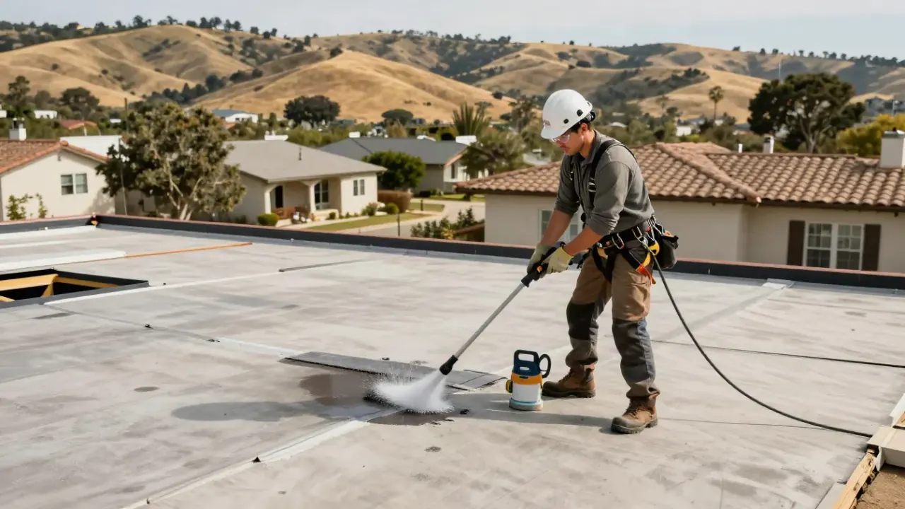 Roof Leak Repair in Hollister: roofer on a commercial flat roof using a power washer to clean a section of the roof surface