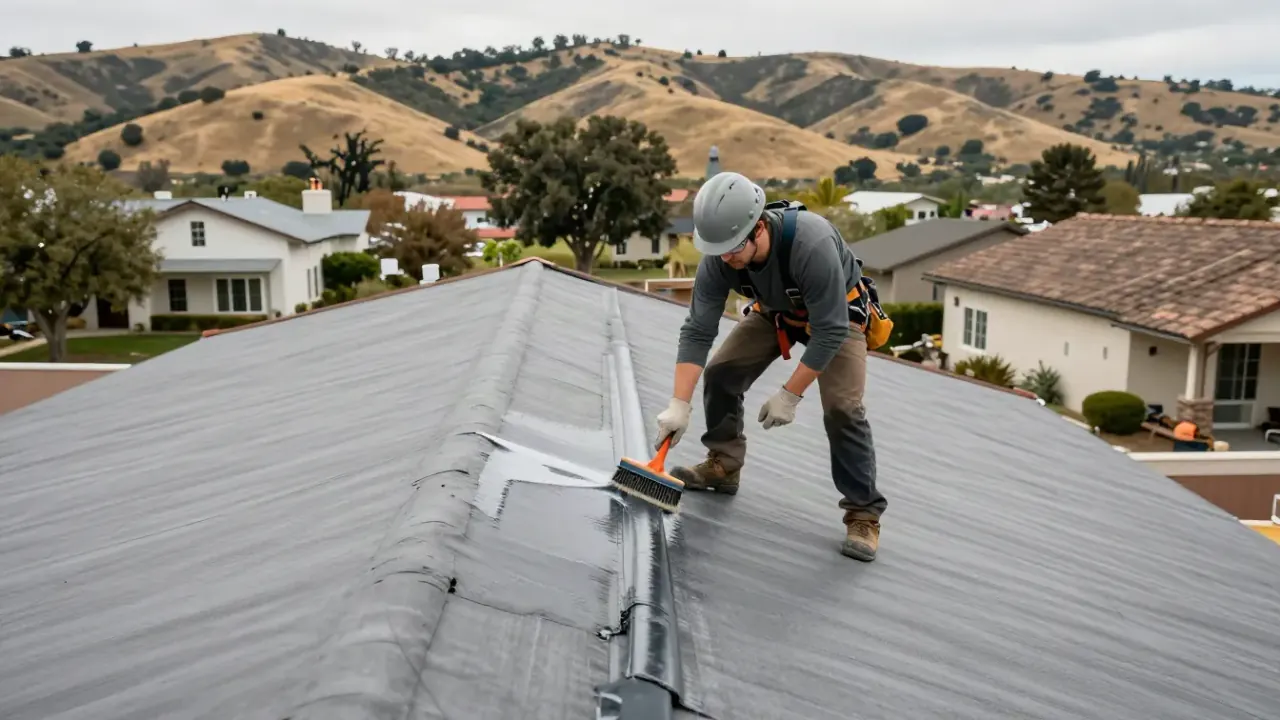 Residential and Commercial Roof Leak Repair in Hollister: roofer applying a commercial-grade liquid membrane sealant to a