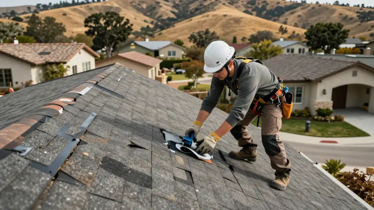 Roof Leak Repair in Hollister: roofer carefully inspecting the condition of a residential asphalt shingle roof, looking for