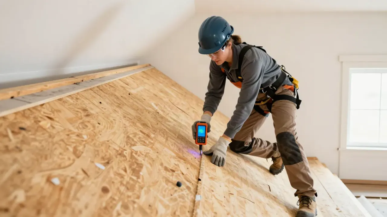 Roof Leak Repair in Hollister: roofer operating a moisture meter over a section of plywood sheathing in a dimly lit attic